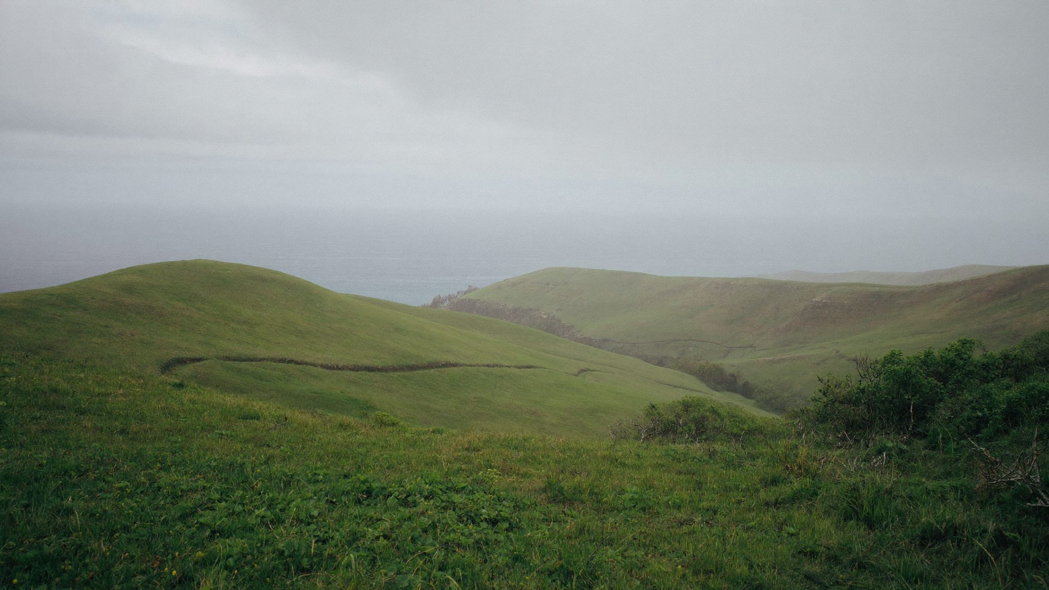 Colinas verdes e oceano dos Açores sob luz suave, perto de Ponta Delgada